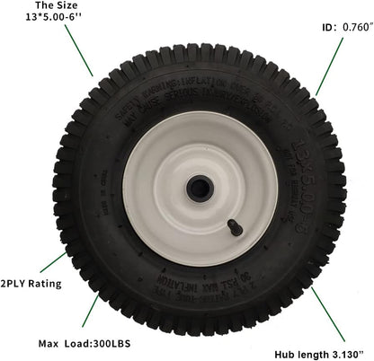 2 Pack 13x5.00-6 Lawn Tractor Pneumatic wheel,Wheelbarrow tire Turf Tread,3.13" hub length with steel rim,Flange ID 0.76''