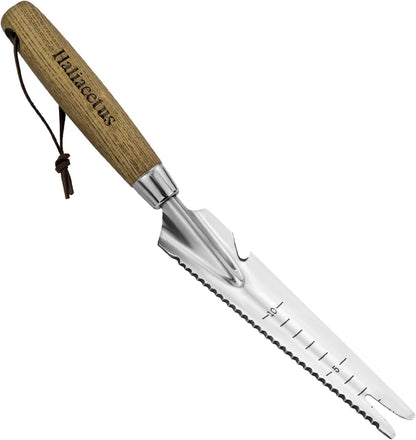 Haliaeetus Multi-Use Weed Trowel, Stainless Steel Dandelion Fork Puller, Serrated Edges Manual Weed Puller for Quick Cutting and Weeding, Garden Weed Trowel with Measuring Scale for Planting, Digging