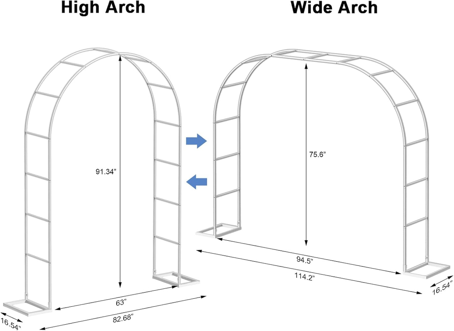 HEOMU Garden Arch Trellis, Metal Garden Arbor with Base, 5.3'W x 7.6'H or 7.9'W x 6.3'H, Assemble Freely 2 Sizes, Arch Trellis for Climbing Plants Outdoor Wedding Bridal Party Decoration, White