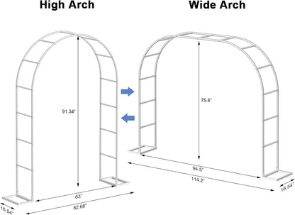 HEOMU Garden Arch Trellis, Metal Garden Arbor with Base, 5.3'W x 7.6'H or 7.9'W x 6.3'H, Assemble Freely 2 Sizes, Arch Trellis for Climbing Plants Outdoor Wedding Bridal Party Decoration, White