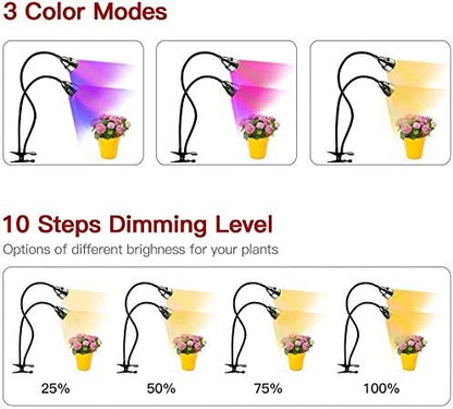 Grow Light for Indoor Plants,Full Spectrum Double Goosenecks Desk Clip Plant Lamp for Seedlings/Seeds/Succulents,Color Spectrum Changeable & Timer Setting 3H/9H/12H