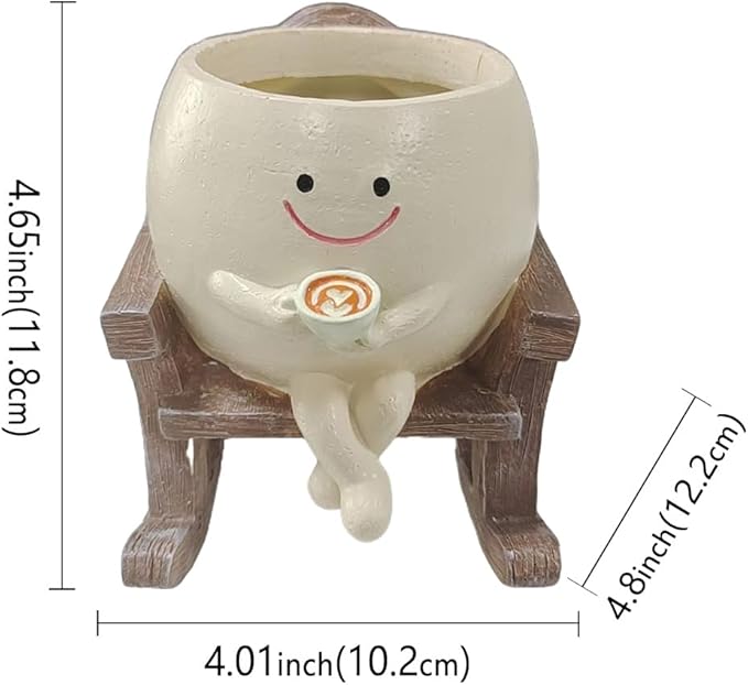 Smiley Flower Pot, Sitting Rocking Chair Relax, for Succulent Plant Pot, Suitable for Indoor and Outdoor, Gifts for Friends and Christmas, with Drainage Holes Beige Small