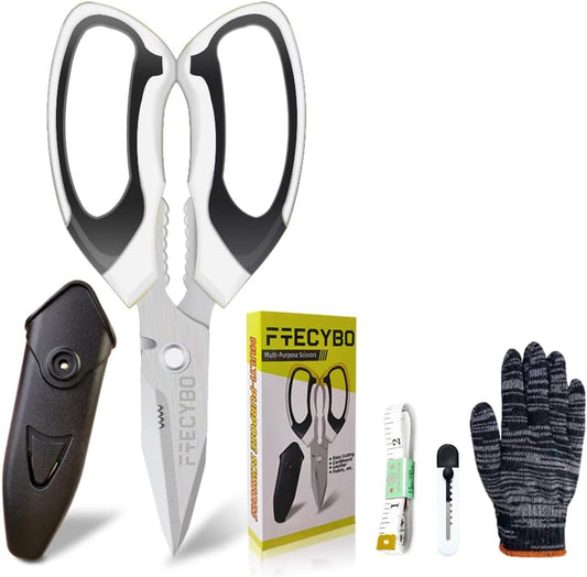 Heavy Duty 8'' Multipurpose Scissors with Protective Cover, Stainless Steel Serrated Blades, Easy Cutting Cardboard, Leather, Fabric, Wires, White