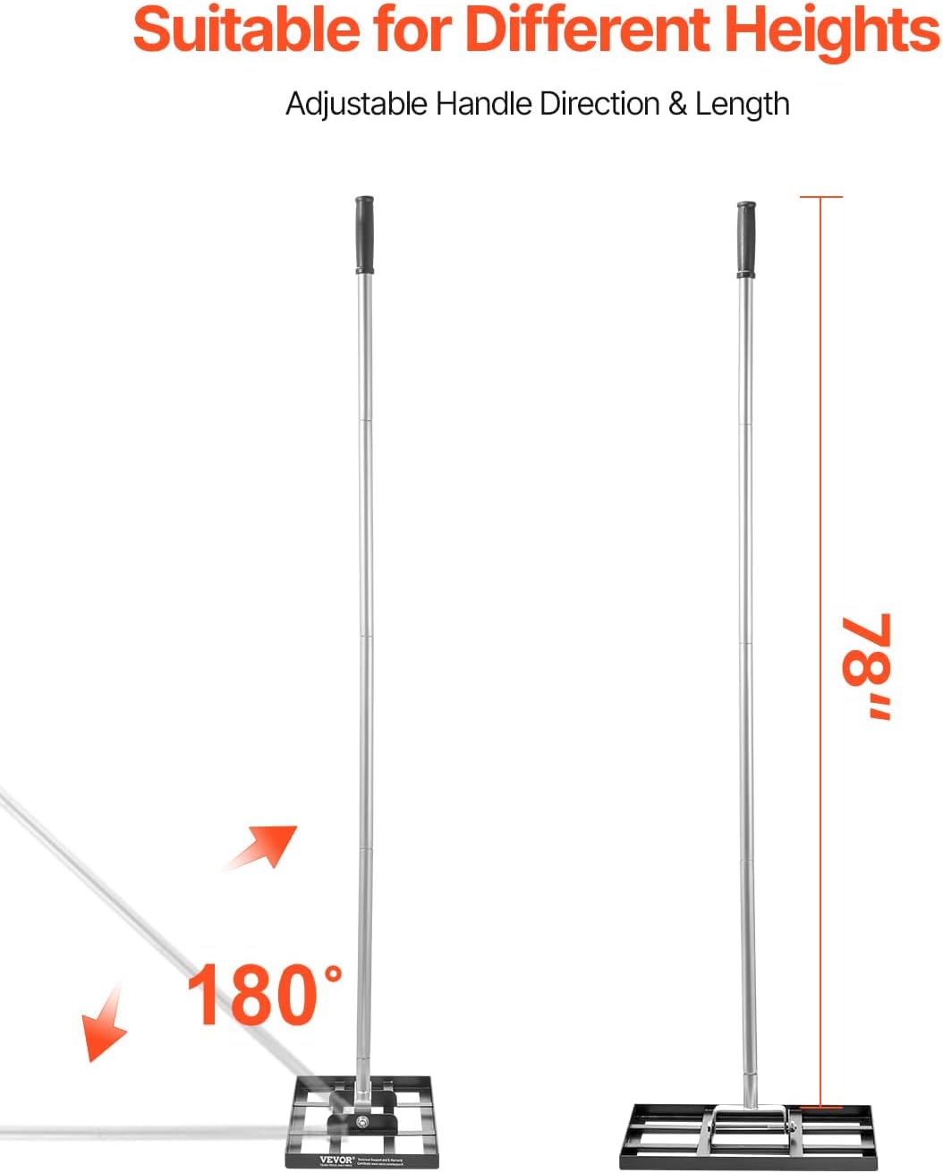 VEVOR Lawn Leveling Rake, Lawn Leveler with 78 in Handle, 17x10 in Ground Plate, Rust-Resistant Carbon Steel Soil Leveler, 5 Heights Adjustable, Effort Saving Lawn Leveling Tool for Yard Golf Court