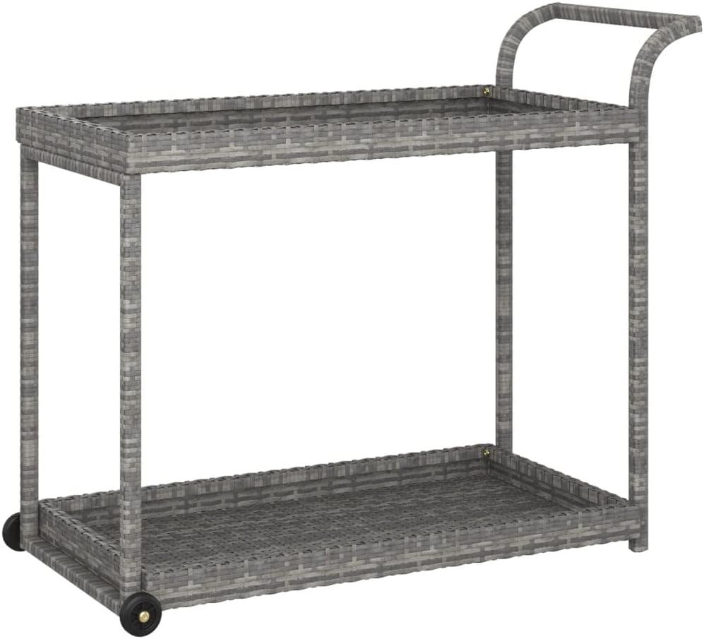 Outdoor Rolling Wicker Bar Cart with Storage Shelves, Portable Bar Cart with Wheels, Patio Kitchen Island Cart for Pool Deck Backyard, Gray 39.4"x17.7"x32.7" Poly Rattan -464