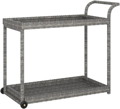 Outdoor Rolling Wicker Bar Cart with Storage Shelves, Portable Bar Cart with Wheels, Patio Kitchen Island Cart for Pool Deck Backyard, Gray 39.4"x17.7"x32.7" Poly Rattan -464