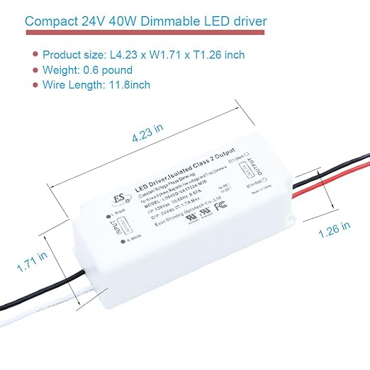 UL Recognized 24V LED Driver Dimmable, 120V to 24 Volt Transformer Triac Dimming Power Supply IP67 Waterproof, 1.7A DC Adapter AC Dimmable for LED Strip Light