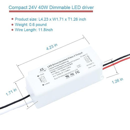 UL Recognized 24V LED Driver Dimmable, 120V to 24 Volt Transformer Triac Dimming Power Supply IP67 Waterproof, 1.7A DC Adapter AC Dimmable for LED Strip Light