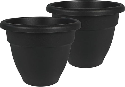 The HC Companies Caribbean Planter Pot - Outdoor & Indoor Plant Pot with Drainage Hole & Plug - Rolled Rim Plastic Pots for Plants & Flowers - Decorative Plant Pot (12" Black, Pack of 2)