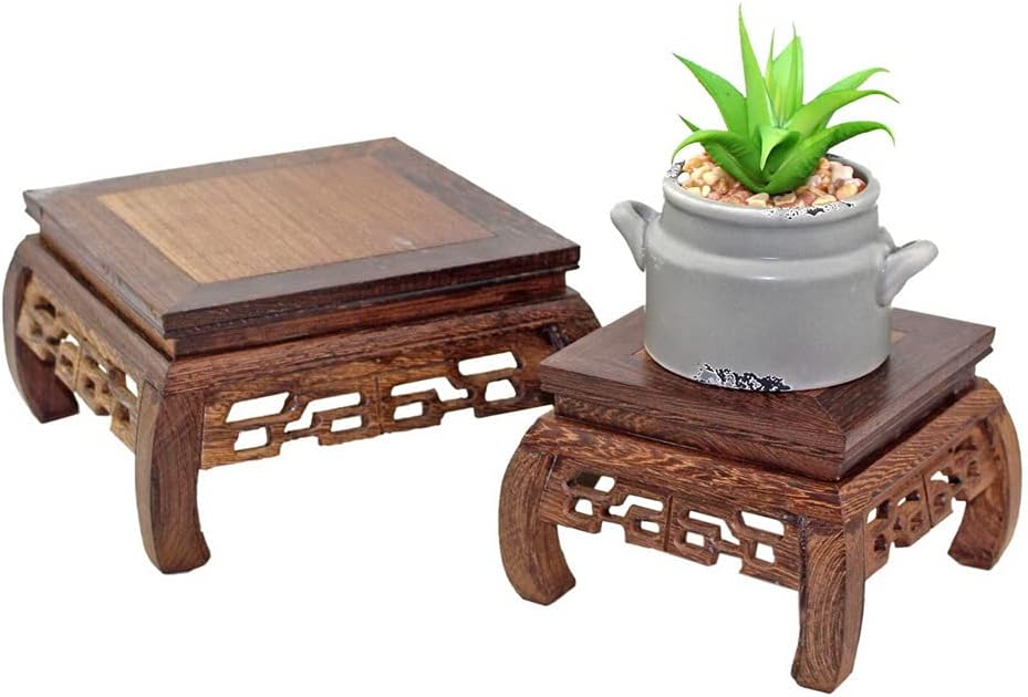 GOLDY&WENDY Oriental Furniture Rosewood Solid Wood Pedestal Square Carved Wooden Display Stand Flower Bonsai Wooden Base