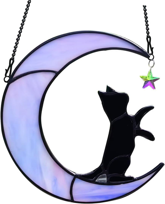 Black Cat Suncatcher for Stained Glass Windows Hanging,6.7“x6.1 Handmade Stained Glass Cat Gifts