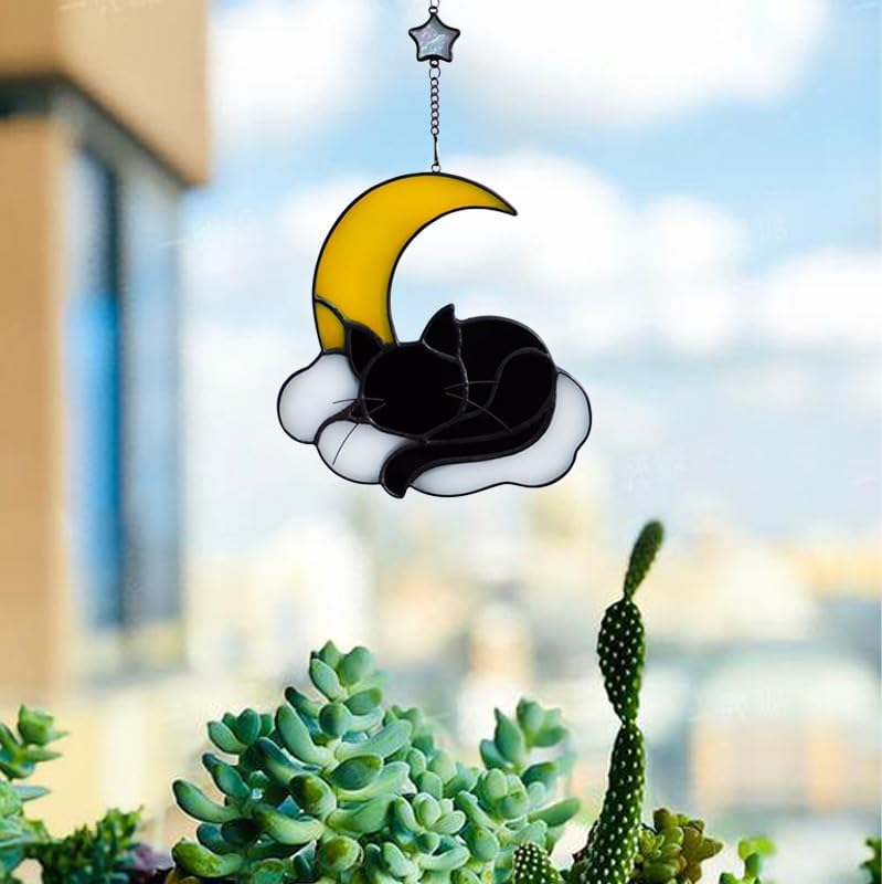 Sleeping Cat Stained Glass Windown Hanging,The Black cat Sleeping Under The Companionship of Stars and Moon,Beautiful Handcrafted Sun Catcher Gifts for Daughter,Mothers Day,Christmas and Cat Lover