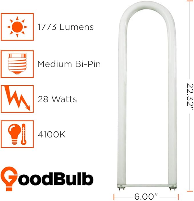 GoodBulb 28-Watt 6-Inch T8 Fluorescent U-Bend Light Bulb 4100K Cool White Light Color Medium Bi-Pin Base High Output 1773 Lumens Pack of 10 Bulbs
