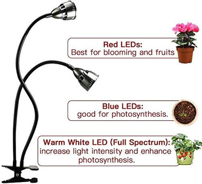 Grow Light for Indoor Plants,Full Spectrum Double Goosenecks Desk Clip Plant Lamp for Seedlings/Seeds/Succulents,Color Spectrum Changeable & Timer Setting 3H/9H/12H