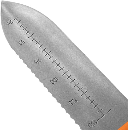 Zenport K246 Deluxe ZenBori Soil Knife with Sheath, 6-Inch Stainless Steel Serrated Blade and Depth Measurement Markings, Orange Handle