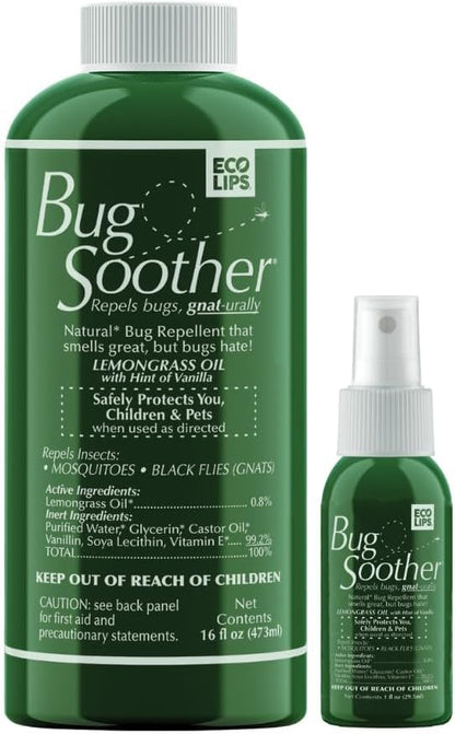 Bug Soother Refill - Natural Insect, Gnat and Mosquito Repellent & Deterrent - 100% DEET-Free Safe Bug Spray for Adults, Kids, Pets, Environment - Includes Free 1 oz. Travel Size. (16 oz.)