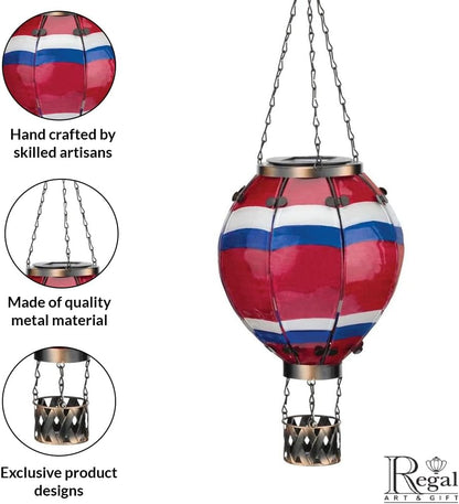 Regal Art & Gift Hot Air Balloon Solar Lantern – Hanging Solar-Powered LED Lights, Waterproof Portable Decorative Outdoor Lamp Made of Metal & Glass for Garden, Patios & Pathway – Stripe (Large)