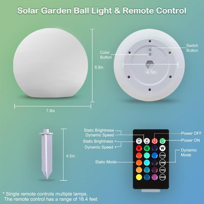 8-in Solar Glowing Globe Light, 16 Colors Changing Solar Garden Ball Lamp, Auto-On/Off Glow Orb Light W/Remote, Waterproof Landscape Lighting Globe W/Ground Stake for Yard Patio Lawn Outside Decor