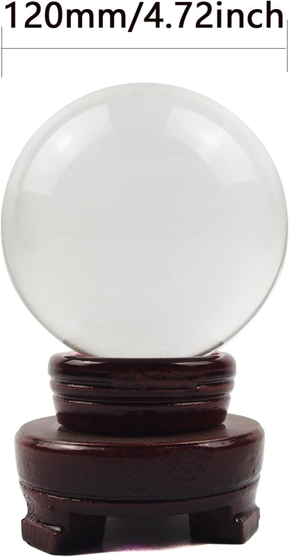 Crystal Ball, Glass Balls, Decorative Balls, Clear Crystal Ball with Wooden Stand, K9 Glass Ball for Home Decoration, Photography, FengShui,Fortune Teller Accessories (120mm)