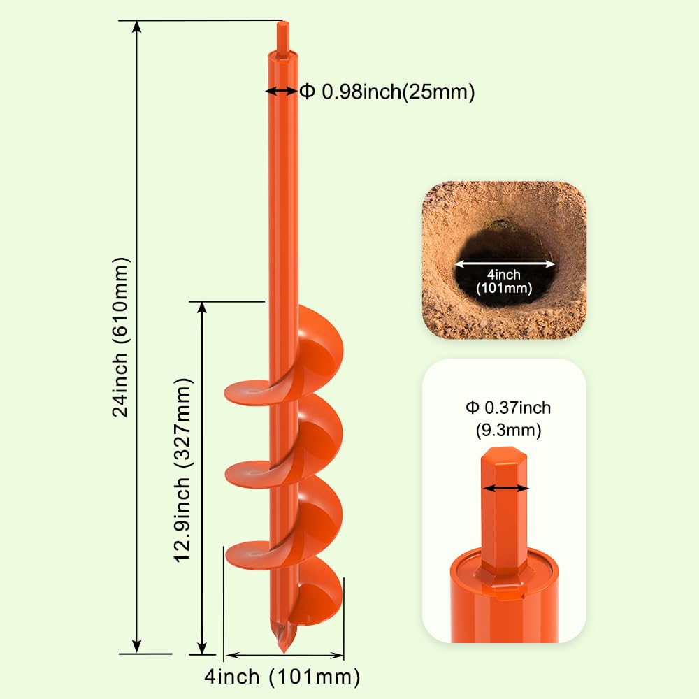 Dolibest 4 x24 Auger Drill Bit for Planting, Steel Garden Auger for Post Hole Digger, Bulb Planter Tool for Beach Umbrella, Mailbox, Fence Post Holes Digger - Fits 3/8" Hex Drill