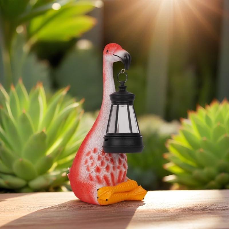 Flamingo Garden Statues with Solar Lantern, Outdoor Figurine Resin Sculpture Hanging Solar Power Lights for Decoration Yard Patio Balcony Lawn Ornament Art Decor, Unique Gift for Grandma Wowen Mom
