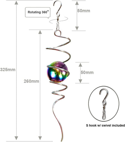 Fonmy Gazing Ball Spiral Tail -Decorative Wind Spinner 11 inch Tail and 2 inch Steel Orb. Indoor Outdoor Garden Decoration Silver Multi Color Ball -13 inch Height