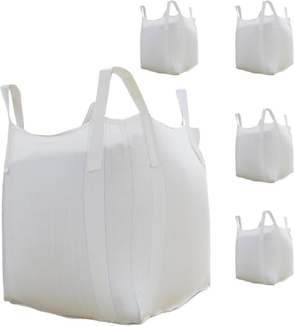 FIBC Bulk Bag - 2650 lbs Capacity, 39x39x39 inches, Polypropylene (PP), Open Top, White, Rectangular, Reusable, 5-Pack