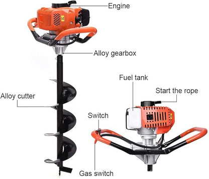 62cc Post Hole Digger 2-Stroke Petrol Gas Powered Earth Digger with 3 Auger Bits (3" 5" 8") + 3 Extension Bar (24" 24" 24") for Farm Garden Plant Fence and Planting