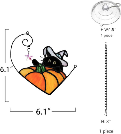BOXCASA Black Cat Decor Stained Glass Window Hangings Pumpkin Ornament,Halloween Decor Witch Hat Cat Suncatcher for Window,Colorful Crystal Star Halloween Cats Themed Gift for Cats Lover