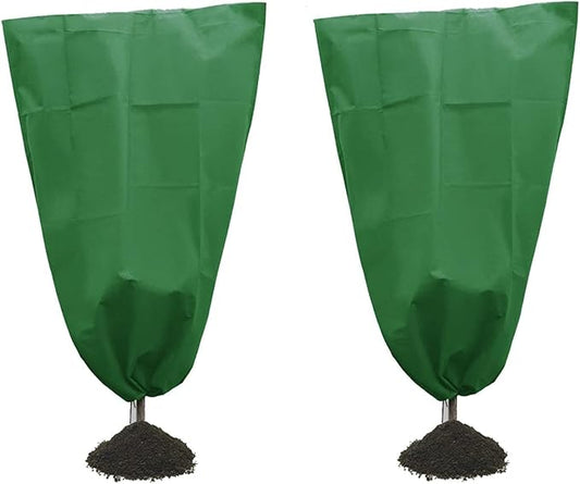 Alpurple 2 Packs Winter Drawstring Plant Covers- 39 x 63 Inch Warm Plant Protection Cover Bags, Frost Cloth Blanket Protecting Fruit Tree Potted Plants from Freezing Animals Eating (Green)