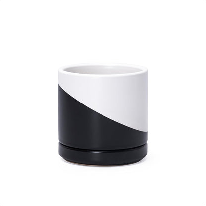 D'vine Dev 3.5 Inch Ceramic Planter Pot with Drainage Hole and Saucer, Indoor Cylinder Round Planter Pot, Oblique Monochrome Black and White, 94-O-A-K
