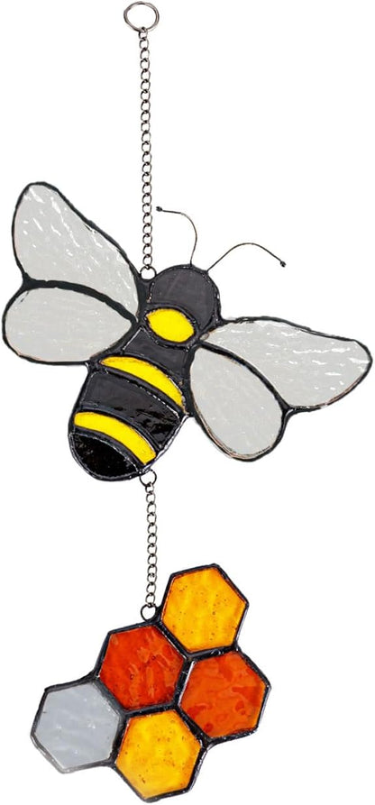 Handmade Honeybee Honeycomb Suncatcher Stained Glass Window Hangings Ornament Real Sun Catchers Indoor Window Garden Kitchen Decor Bee Gifts for Women Beekeeper Teacher