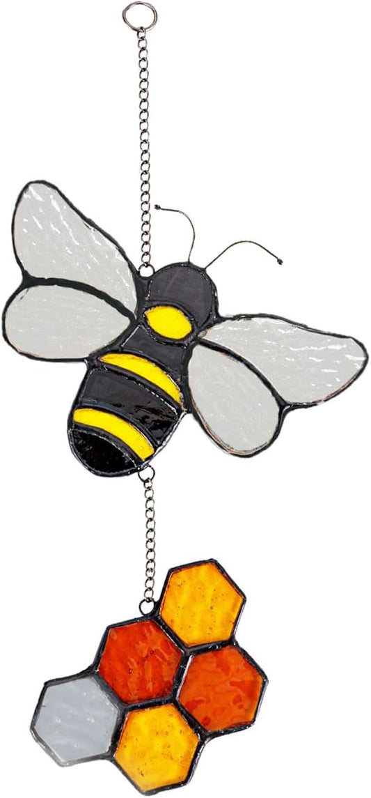 Handmade Honeybee Honeycomb Suncatcher Stained Glass Window Hangings Ornament Real Sun Catchers Indoor Window Garden Kitchen Decor Bee Gifts for Women Beekeeper Teacher