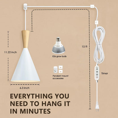 Hanging Grow Lights for Indoor Plants, Full Spectrum, with Timer and 15FT Power Cord, 20W Pendant Plant Lights for Indoor Growing, Large Tall Plant, Garden, Flowers, Greenhouse(White)