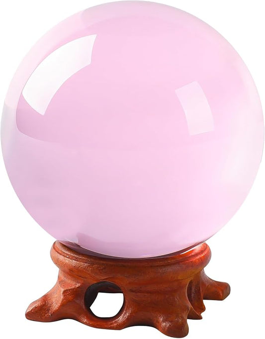 Pink Crystal Ball 80mm/3.1 inch with Rose Wooden Stand and Gift Box for lensball Photography,Fortune Teller,Feng Shui, Witchcraft Decor,Scrying,Magic,Quartz Crystal Orb Prop Decorative Glass Sphere