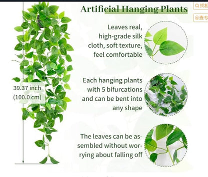 Artificial Hanging Plants Small Fake Pothos 39-in Long Potted Vine Plant Faux Trailing Ivy Vine for Shelf Home Office Indoor Outdoor Garden Greenery Decor (Black Pot)