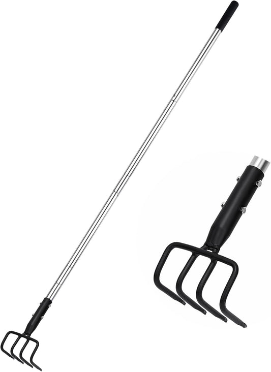 Long Hand Cultivator, Carbon Steel & Stainless Steel Tiller Cultivator, Garden Cultivator with Telescopic Handle and Soft Handle Cover, Hand Tiller for Digging Loosening Weeding