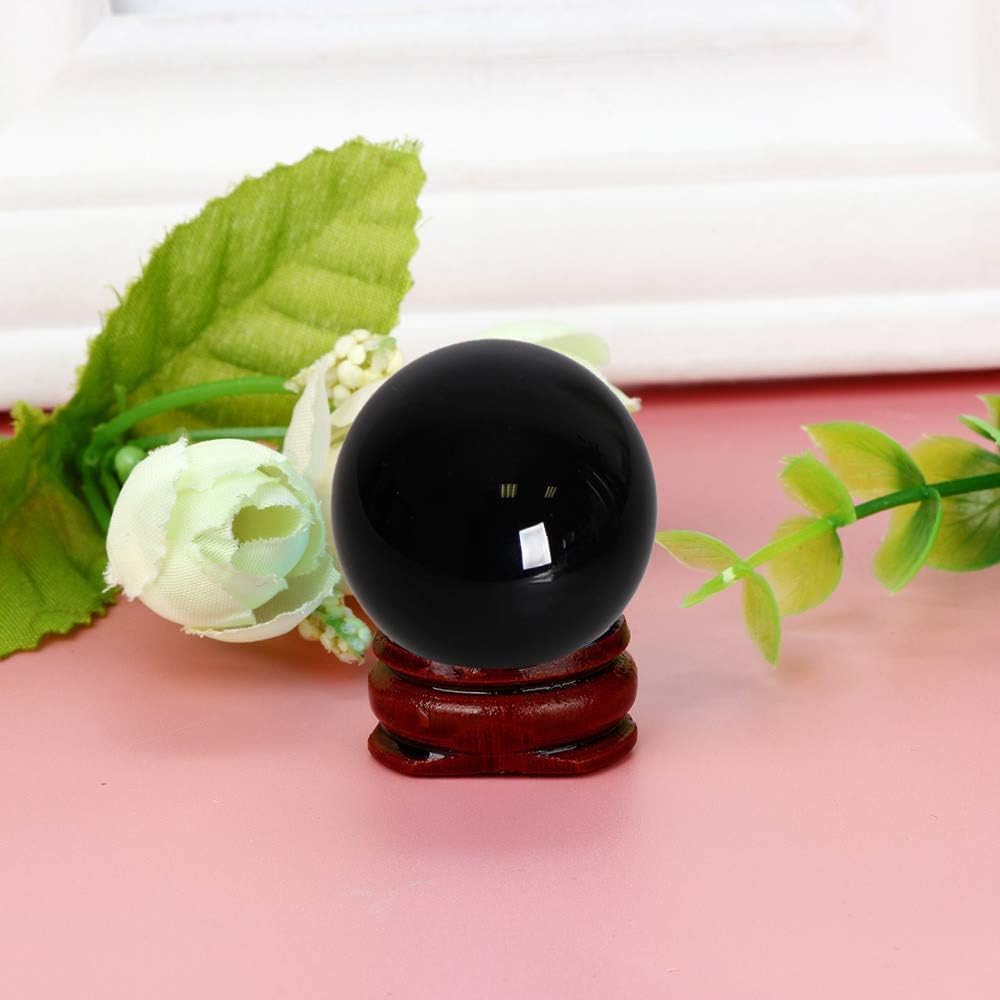 JIC Gem Small Black Obsidian Sphere Ball with Wooden Stand for Fengshui Healing Crystal Decoation Meditation Ball (2.2", 55mm)