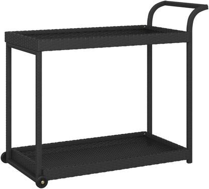 Outdoor Rolling Wicker Bar Cart with Storage Shelves, Portable Bar Cart with Wheels, Patio Kitchen Island Cart for Pool Deck Backyard, Black 39.4"x17.7"x32.7" Poly Rattan -463