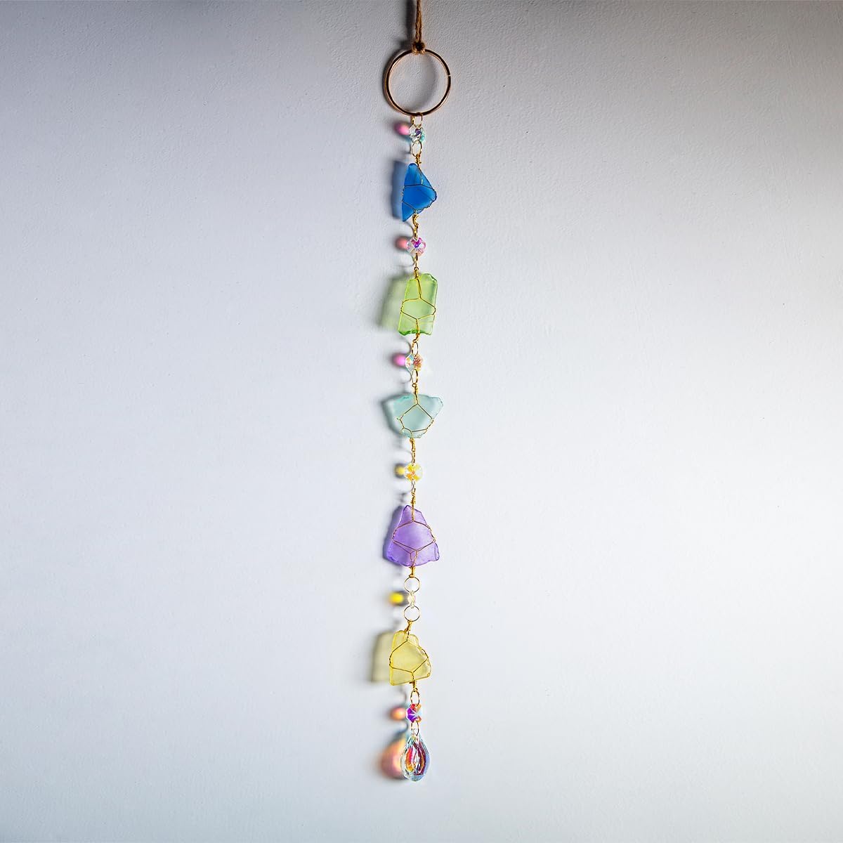 Suncatchers Sea Glass Wall Hanging Handcrafted Blue Seaglass Hanger Ocean Decor Garden Sun Catchers with Sea Glass Rainbow Maker Indoor Outdoor Decor Handmade