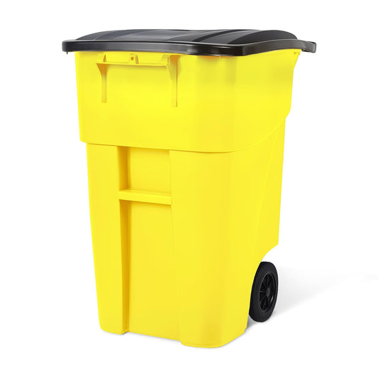 50 Gallon Trash Can, Yellow Outdoor Garbage Can, Large Outside Trash Bin, Rolling Commercial