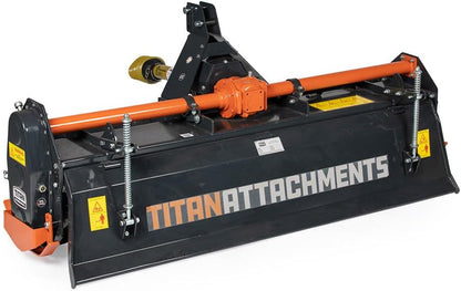 Titan Attachments 3 Point 72" Rotary Tiller Attachment Fits Cat 1 Tractors, Charcoal Finish, Single Speed PTO Driven Cultivator with a 540 RPM Gearbox, Replaceable L-Shaped Tines Work 5" Deep