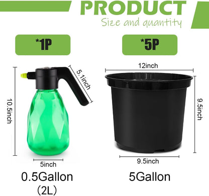 5-Gallon Nursery Pots 5P with 0.5 Gallon/2L Electric Spray Bottle, Plant Containers with Drainage Holes, Round Sturdy Garden Planters for Indoor/Outdoor Greenery