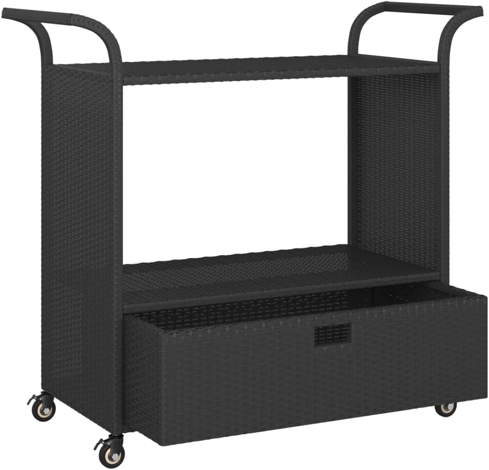 Outdoor Rolling Wicker Bar Cart with Drawer, Portable Bar Cart with Wheels, Patio Kitchen Island Cart for Pool Deck Backyard, Black 39.4"x17.7"x38.2" Poly Rattan -460