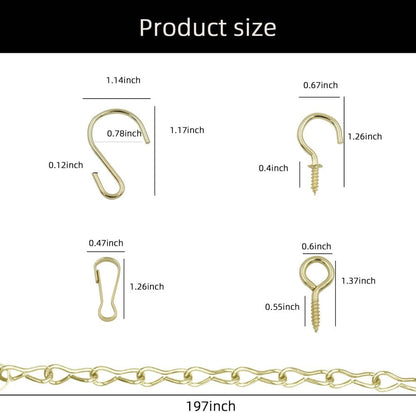 236 Inch Gold Hanging Baskets Chains - Adjustable Length, Brass Decorative Metal Chain with A Great Assortment of Hooks for Hanging Bird Feeders Planters Baskets Billboards Ornaments, Chain Hooks DIY