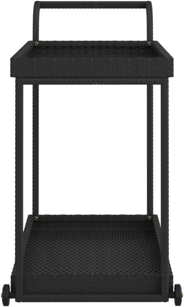 Outdoor Rolling Wicker Bar Cart with Storage Shelves, Portable Bar Cart with Wheels, Patio Kitchen Island Cart for Pool Deck Backyard, Black 39.4"x17.7"x32.7" Poly Rattan -463