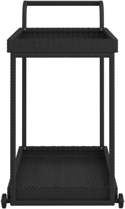 Outdoor Rolling Wicker Bar Cart with Storage Shelves, Portable Bar Cart with Wheels, Patio Kitchen Island Cart for Pool Deck Backyard, Black 39.4"x17.7"x32.7" Poly Rattan -463