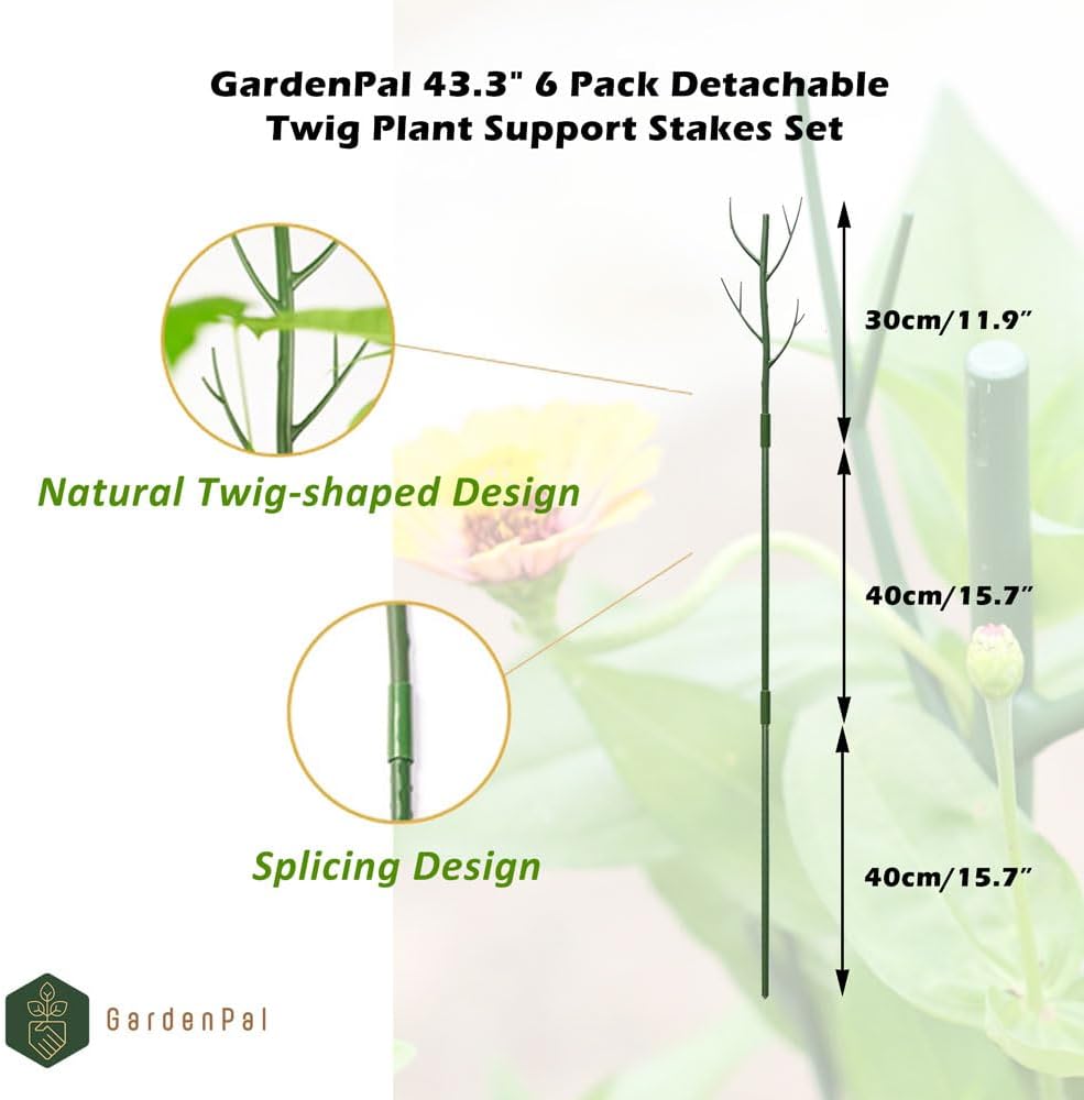 GardenPal 43.3" 6 Pack Detachable Twig Plant Support Stakes, Branch Sticks with Orchid Clips and Twist Ties, Blends with Plants - Ideal Plant Stakes for Indoor/Outdoor Use