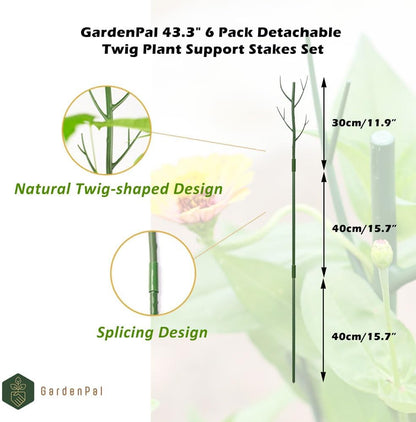 GardenPal 43.3" 6 Pack Detachable Twig Plant Support Stakes, Branch Sticks with Orchid Clips and Twist Ties, Blends with Plants - Ideal Plant Stakes for Indoor/Outdoor Use