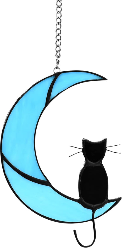 Cat Memorial Gifts Stained Glass Black Cat Decor Window Hanging Ornament Garden Suncatcher Gifts for Cat Lover Cat Gift for Women (Black Cat on Blue Moon)